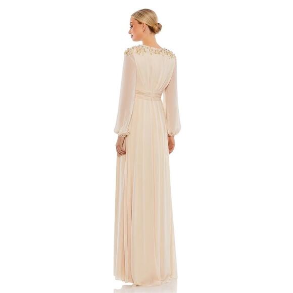 Mac Duggal Porcelain Beaded Long Sleeve V-Neck Formal Gown Dress Size 16 - Picture 2 of 8